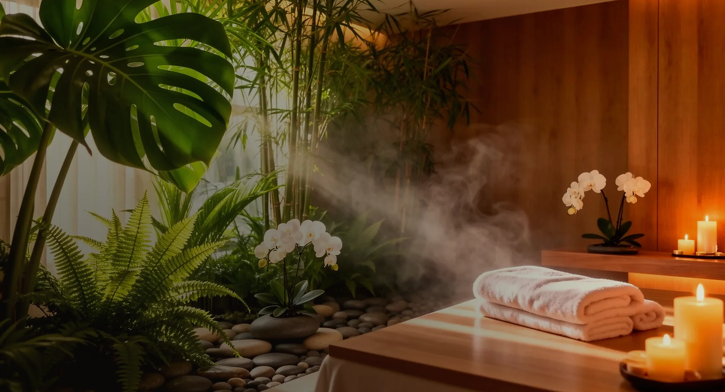 Candlelit massage treatment room with warm gold light